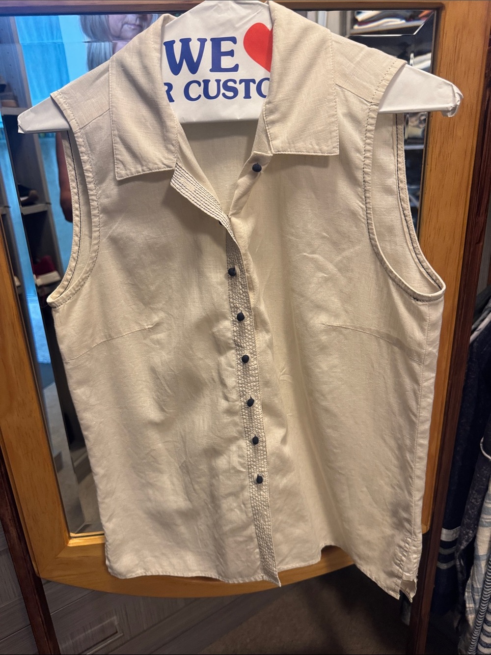 DKNY Sleeveless Button-Front Blouse in Beige with Dark Buttons